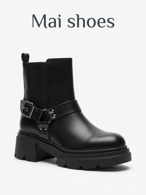 Dajdoj Ah 1 Harness Lug-Sole Ankle Boots in Black, three-quarter product view