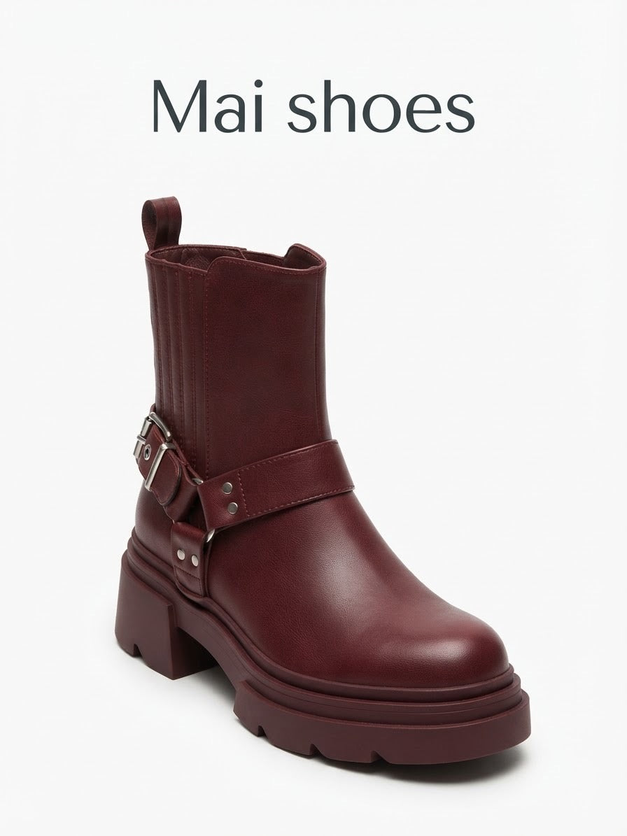 Dajdoj Ah 1 Harness Lug-Sole Ankle Boots in Burgundy, three-quarter product view