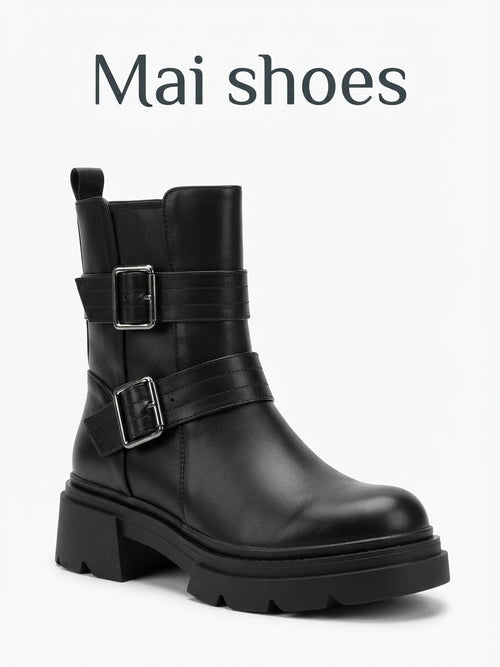 Dajdoj Ah 4 Double-Buckle Lug-Sole Boots in Black, three-quarter product view