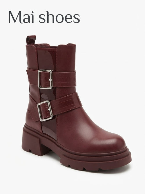 Dajdoj Ah 4 Double-Buckle Lug-Sole Boots in Burgundy, three-quarter product view