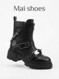 Dajdoj Ah 5 Multi-Buckle Biker Ankle Boots in Black, three-quarter product view