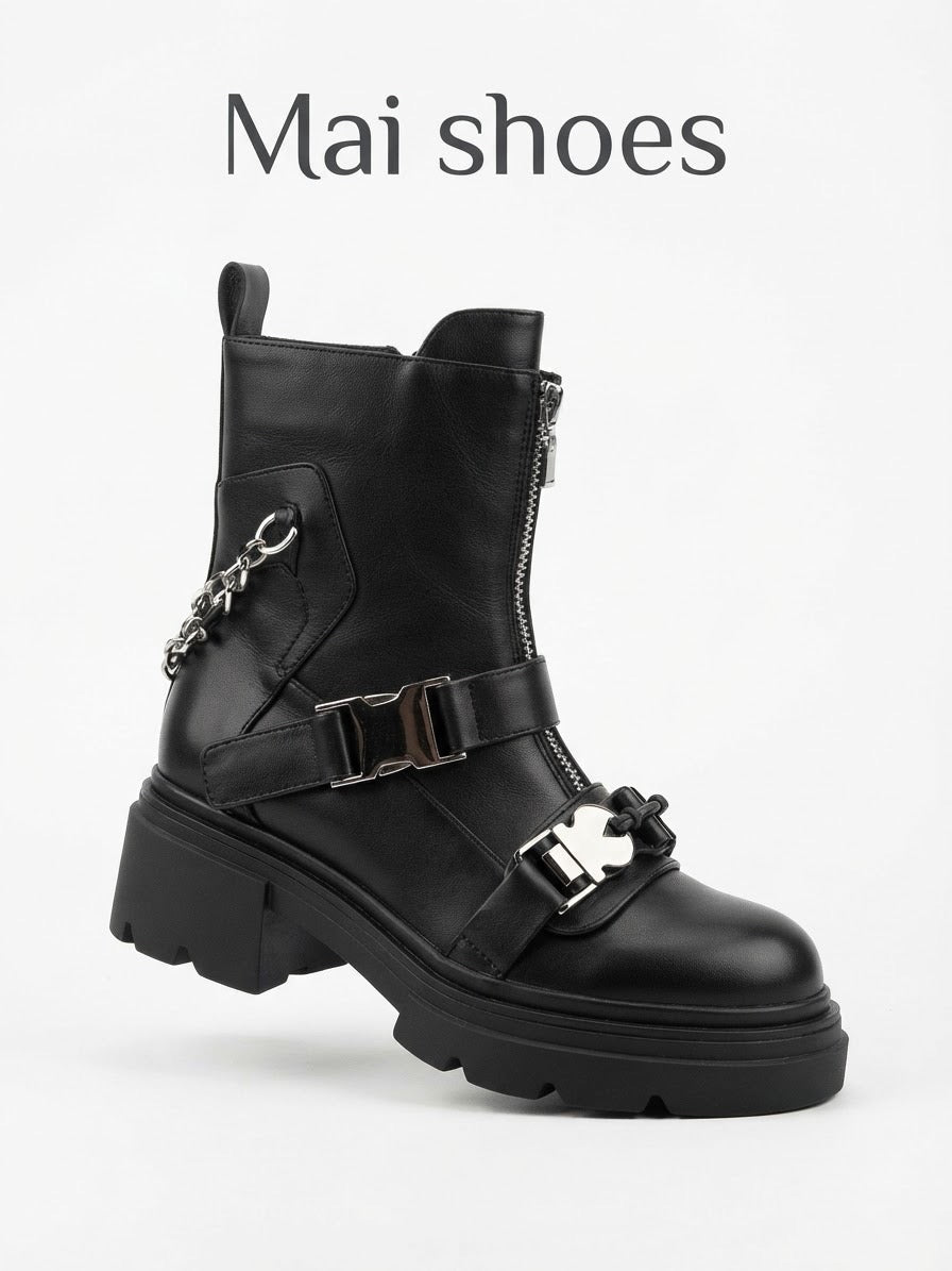 Dajdoj Ah 5 Multi-Buckle Biker Ankle Boots in Black, three-quarter product view