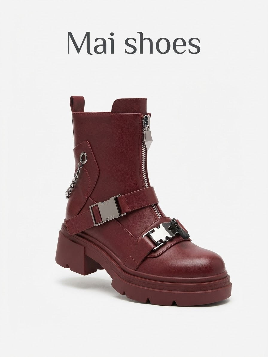Dajdoj Ah 5 Multi-Buckle Biker Ankle Boots in Burgundy, three-quarter product view