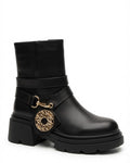 Dajdoj Ah 6 Medallion-Strap Chunky Boots in Black, three-quarter product view