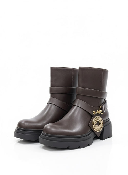 Dajdoj Ah 6 Medallion-Strap Chunky Boots in Brown, three-quarter product view