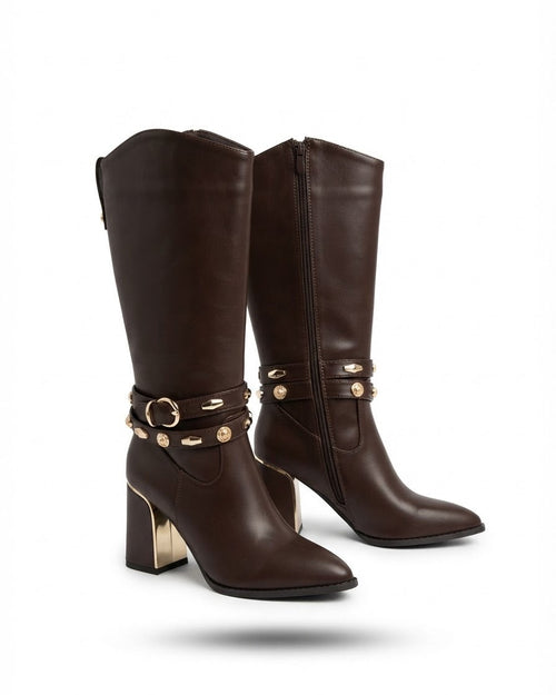 Dajdoj AK521-1 Chain-Detail Tall Boots in Brown, three-quarter product view