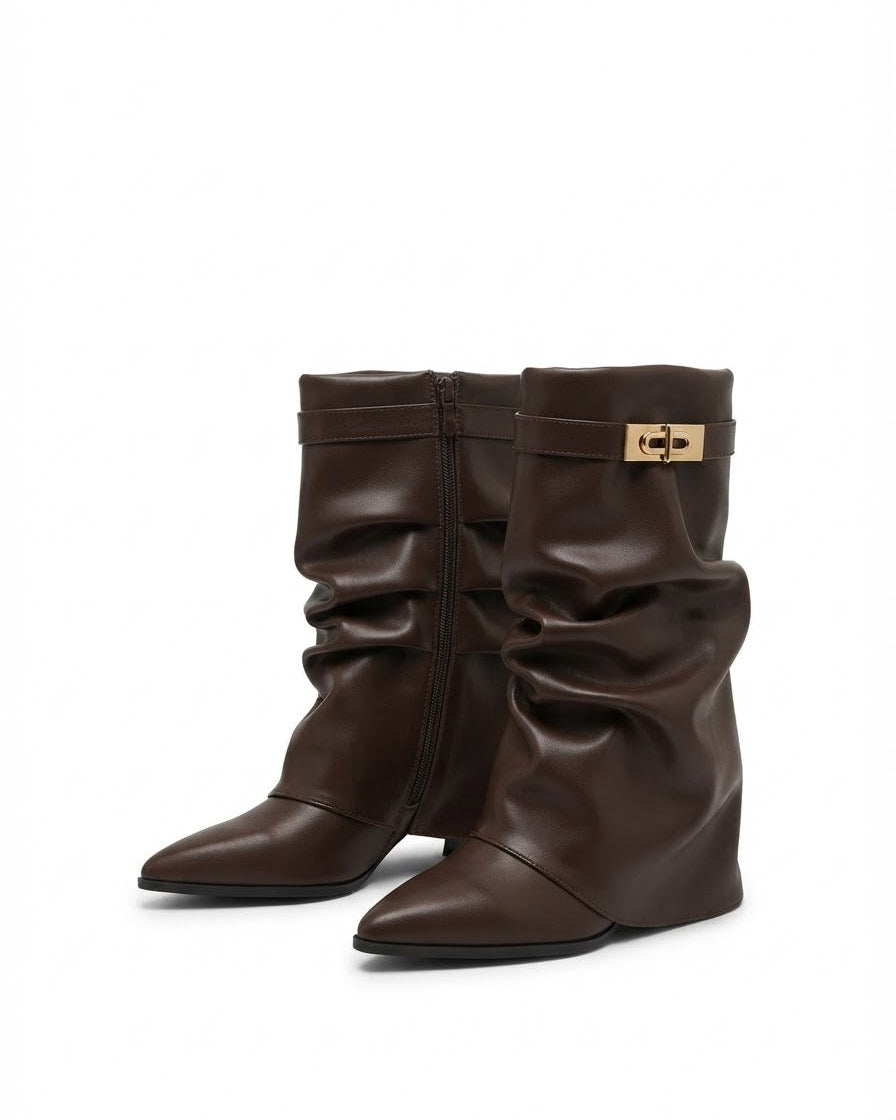 Dajdoj AK521-13 Slouch Buckle Low-Heel Boots in Brown, three-quarter product view