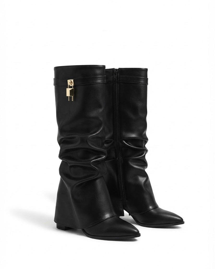 Dajdoj AK521-14 Ruched Tall Wedge Boots in Black, three-quarter product view