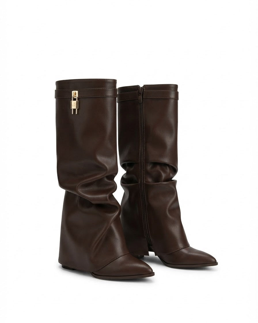 Dajdoj AK521-14 Ruched Tall Wedge Boots in Brown, three-quarter product view