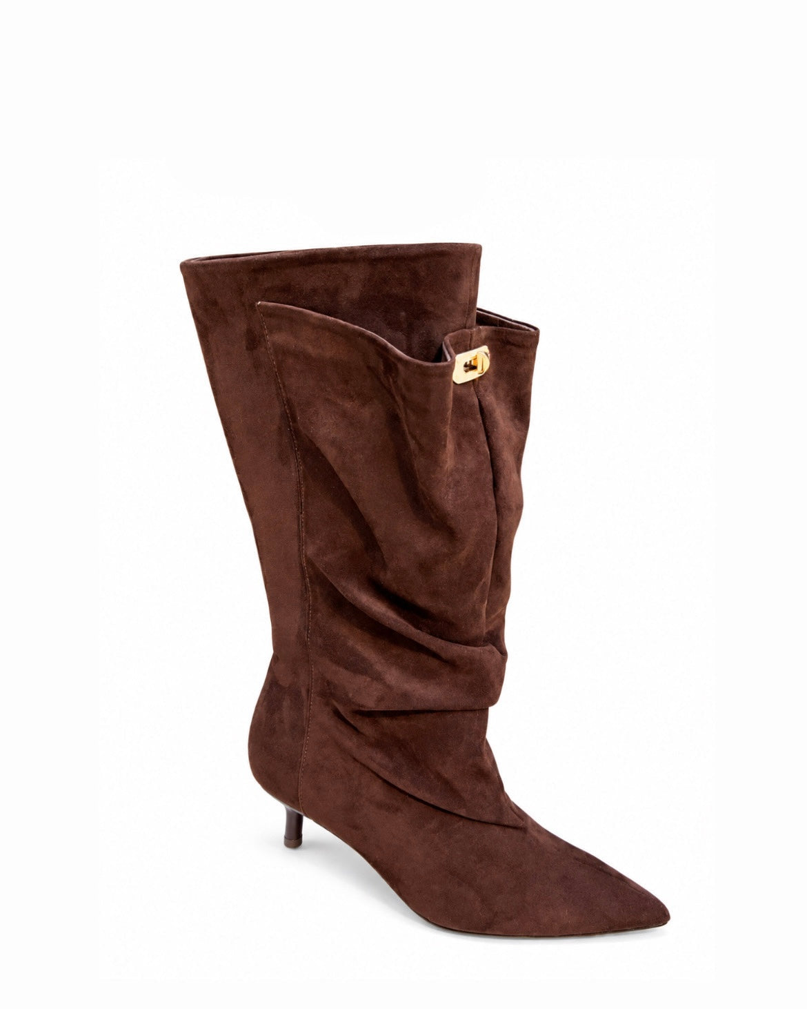Dajdoj AK521-17 Slouch Kitten-Heel Tall Boots in Brown, three-quarter product view