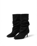 Dajdoj AK521-19 Ruched Kitten-Heel Tall Boots in Black, three-quarter product view