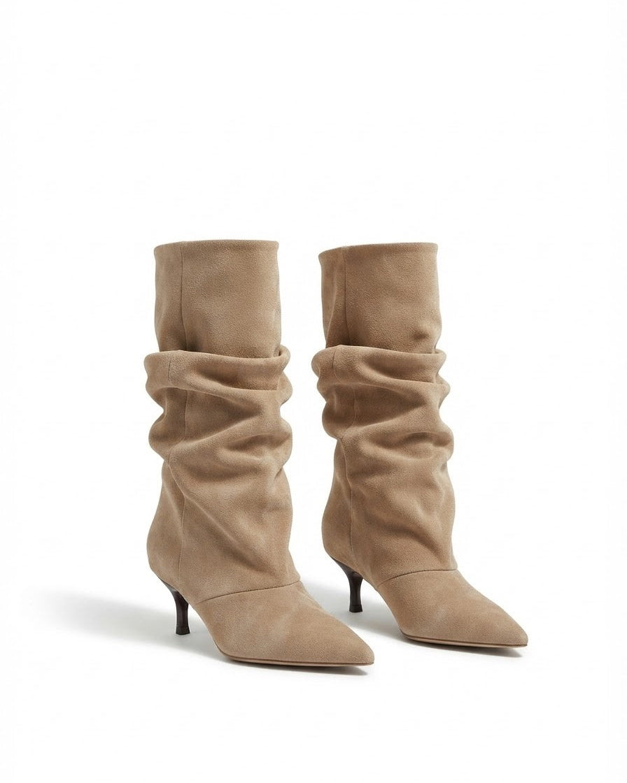 Dajdoj AK521-19 Ruched Kitten-Heel Tall Boots in Brown, three-quarter product view