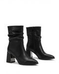 Dajdoj AK521-2 Ruched Block-Heel Ankle Boots in Black, three-quarter product view