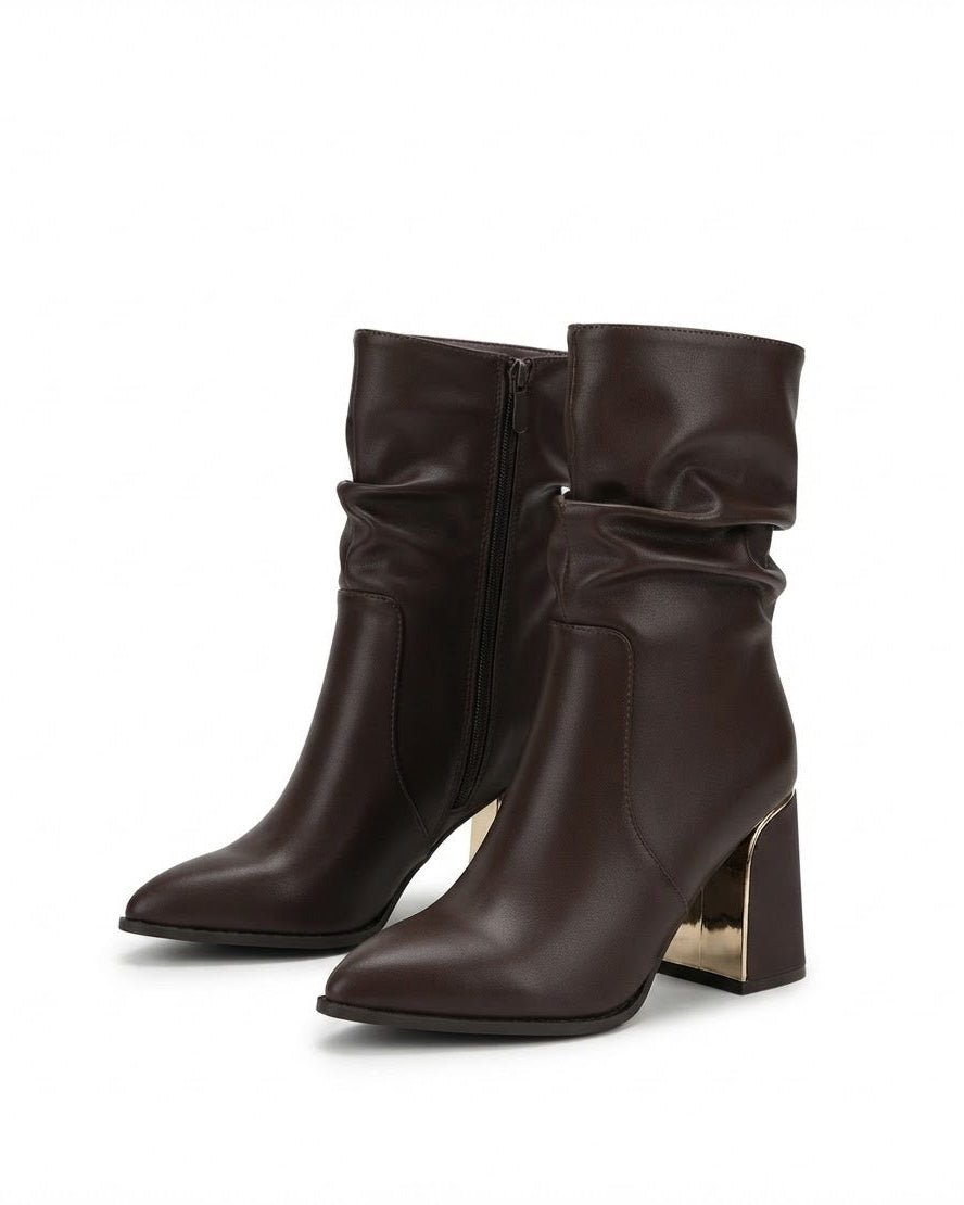 Dajdoj AK521-2 Ruched Block-Heel Ankle Boots in Brown, three-quarter product view