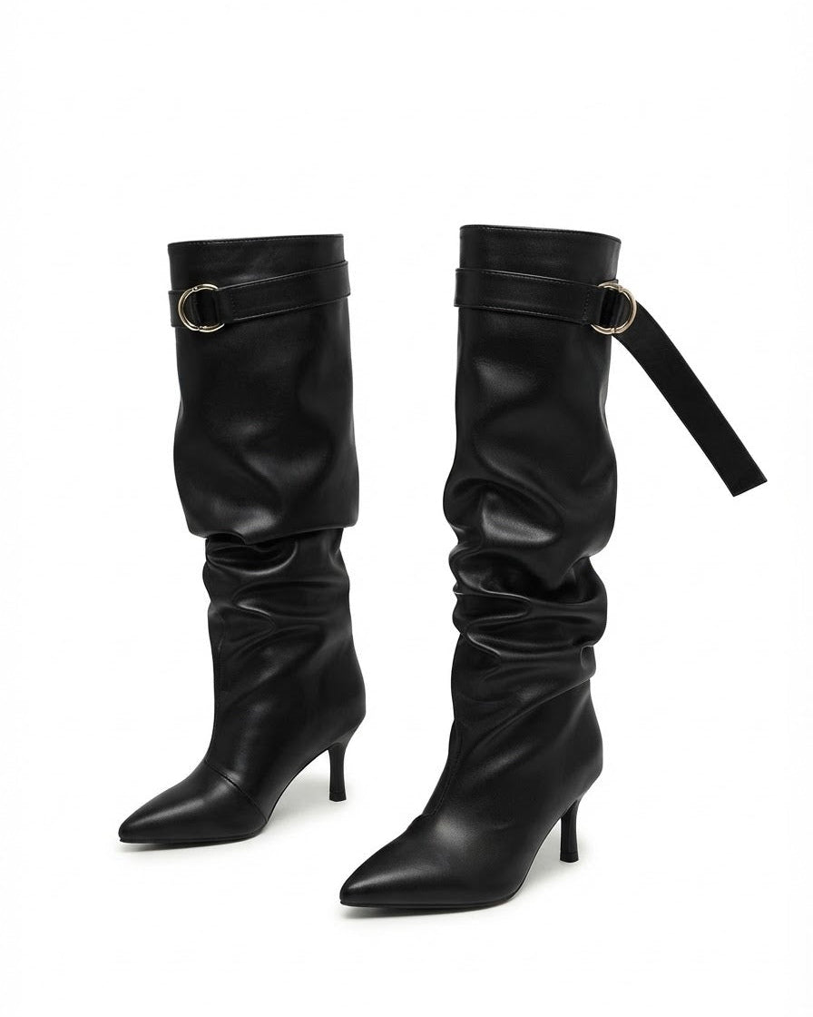 Dajdoj AK521-20 Strap-Detail Slouch Tall Boots in Black, three-quarter product view