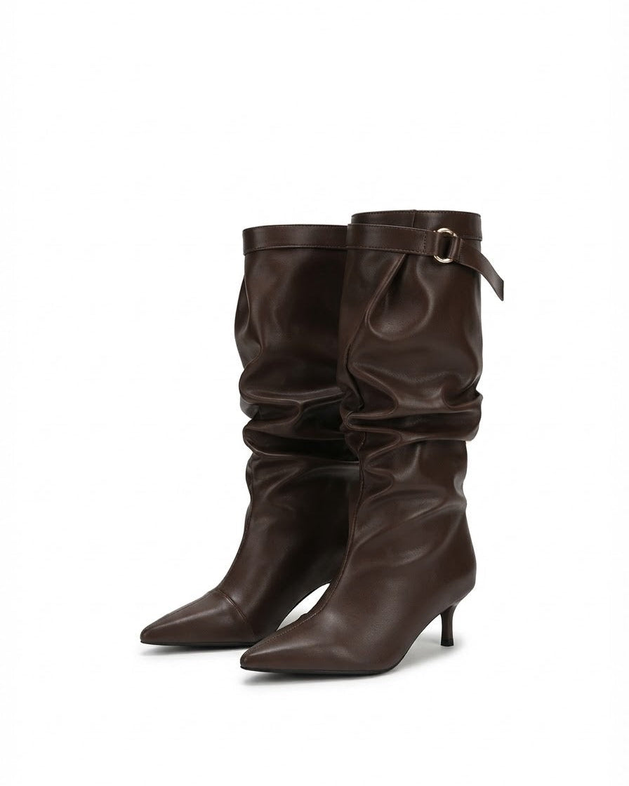 Dajdoj AK521-20 Strap-Detail Slouch Tall Boots in Brown, three-quarter product view