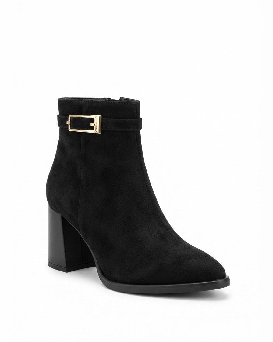 Dajdoj ak521/23 Buckle Textured Block-Heel Boots in Black, three-quarter product view