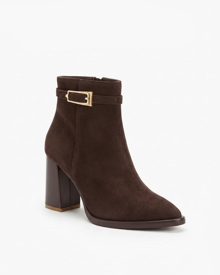 Dajdoj ak521/23 Buckle Textured Block-Heel Boots in Brown, three-quarter product view