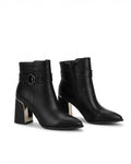 Dajdoj AK521-3 Buckle Block-Heel Ankle Boots in Black, three-quarter product view