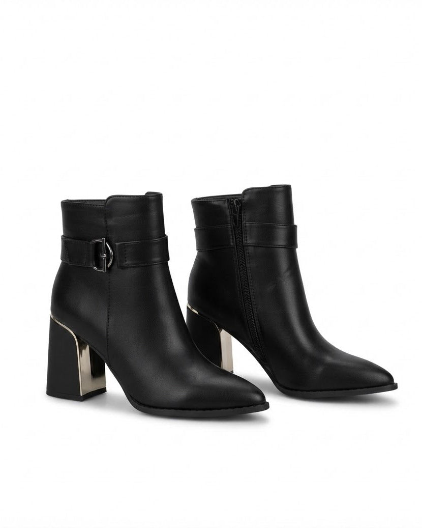 Dajdoj AK521-3 Buckle Block-Heel Ankle Boots in Black, three-quarter product view