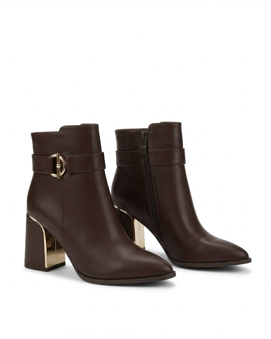 Dajdoj AK521-3 Buckle Block-Heel Ankle Boots in Brown, three-quarter product view