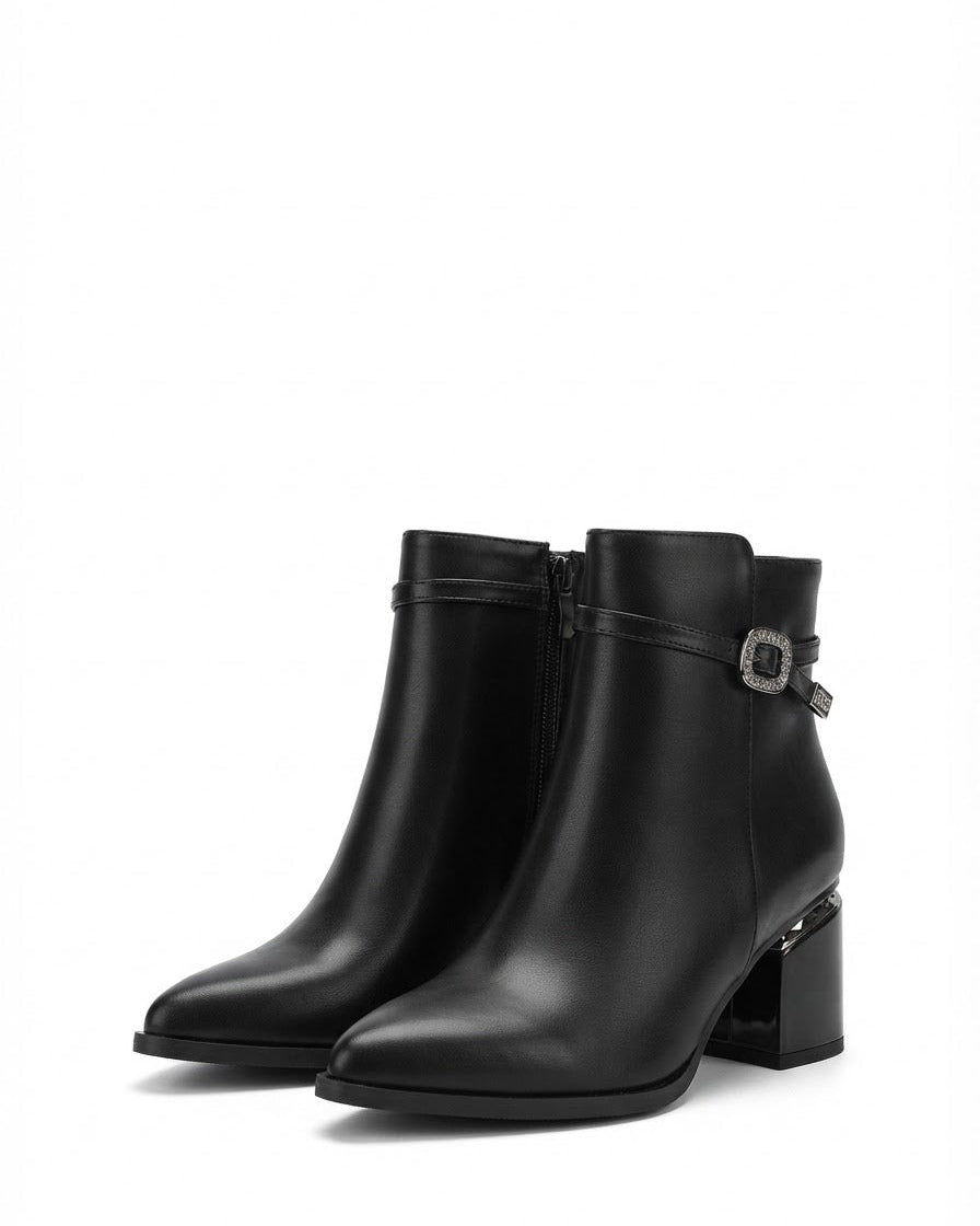 Dajdoj AK521-7 Side-Buckle Block-Heel Boots in Black, three-quarter product view