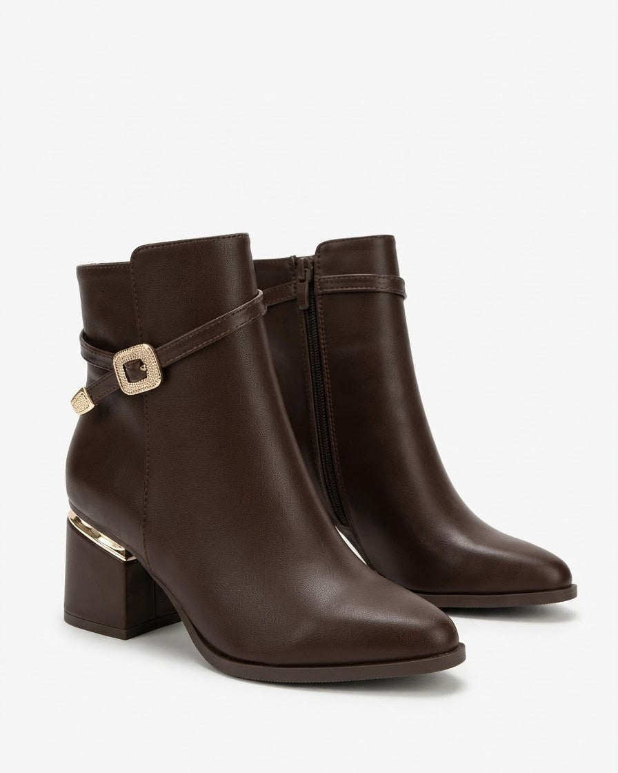 Dajdoj AK521-7 Side-Buckle Block-Heel Boots in Brown, three-quarter product view