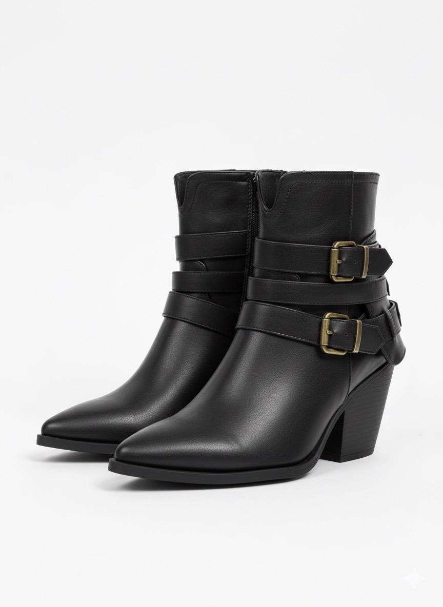 Dajdoj H9 Double-Strap Block-Heel Boots in Black, three-quarter product view