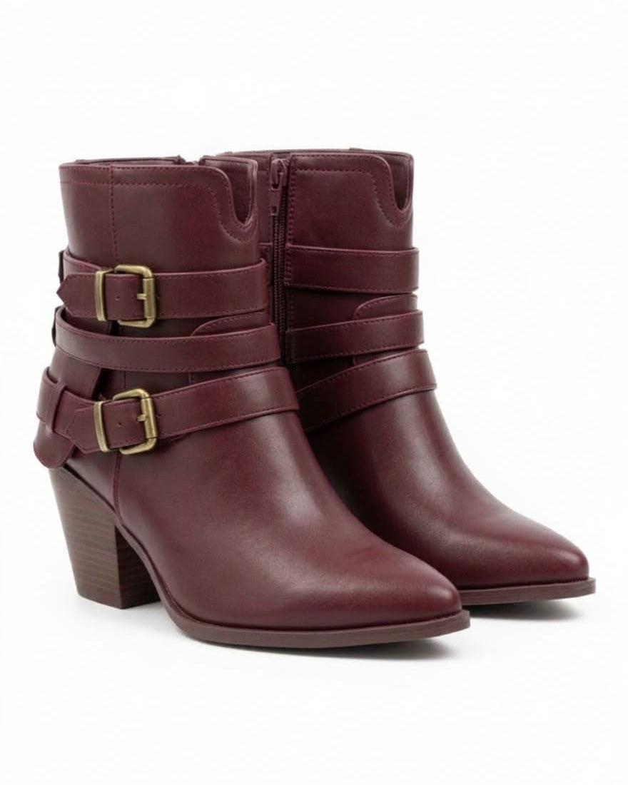 Dajdoj H9 Double-Strap Block-Heel Boots in Burgundy, three-quarter product view